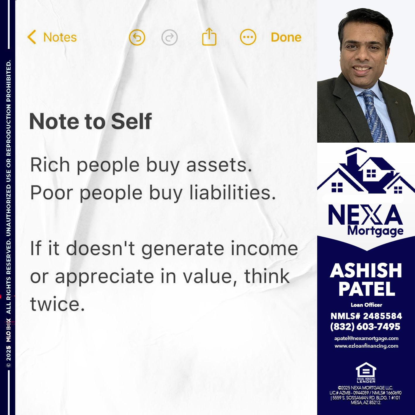 NOTE TO SELF - Ashish Patel -Loan Officer
