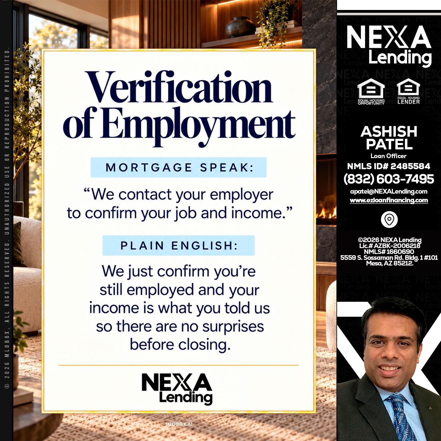 VERIFICATION OF EMPLOYMENT - Ashish Patel -Loan Officer